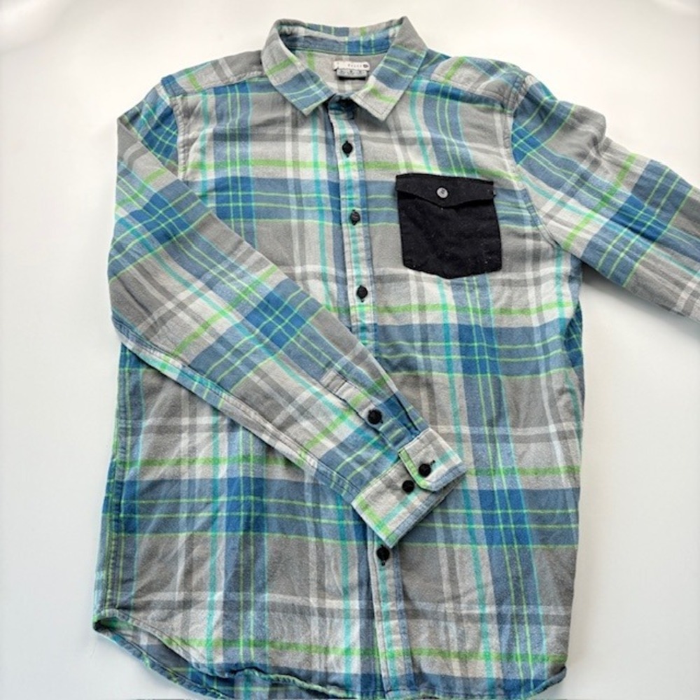 Rusty Plaid‎ Flannel Shirt Men's Large Blue Green Long Sleeve Casual Button Up